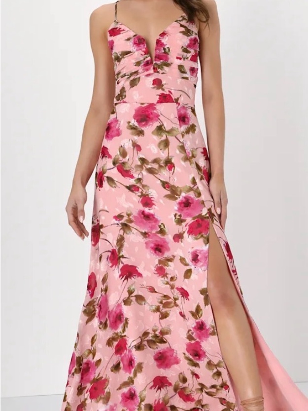 Lulu’s Floral Pink V-Neck Spaghetti Strap Maxi Dress